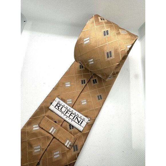 Gianfranco Ruffini Necktie Gold‎ Brown Geometric Silk Blend Dressy Career Event - Picture 4 of 4